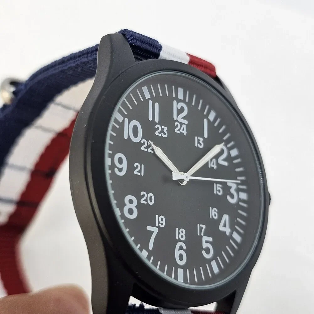 Men's 42MM Field Watch‎ Black Dial Blue White Red Canvas Band Straps New Battery